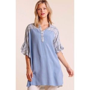 New UMGEE S M Blue Solid Plaid Henley Button Front Short Ruffle Sleeve Tunic